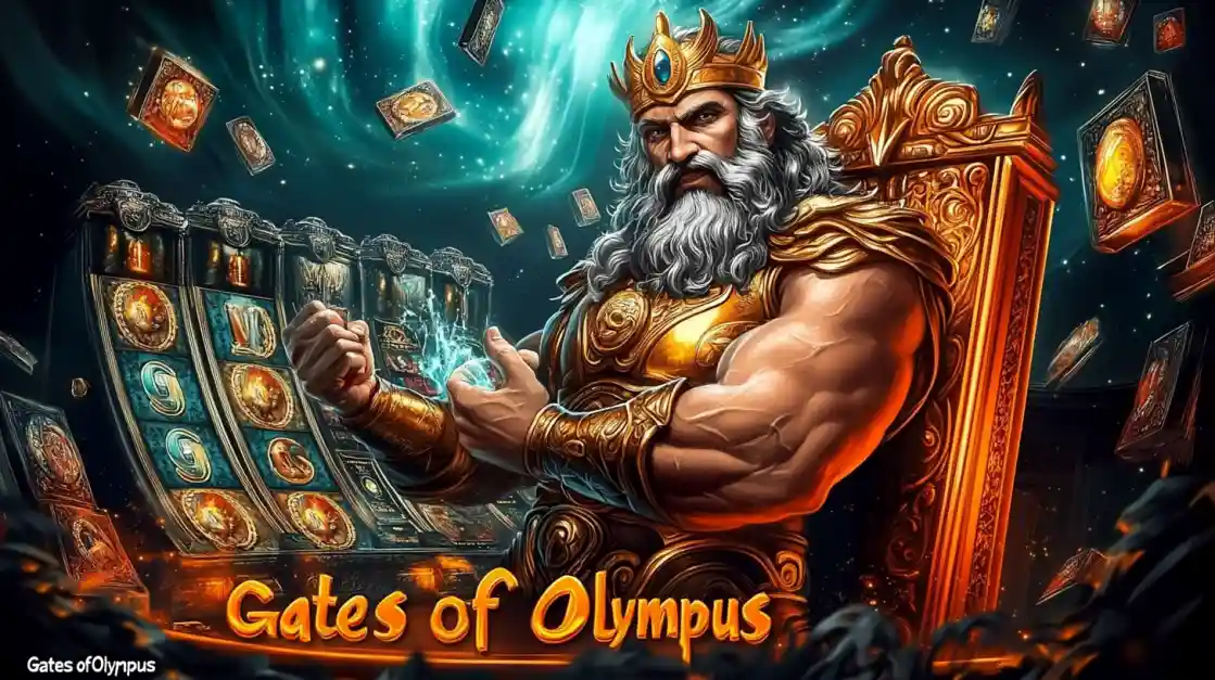 A majestic Zeus figure on a golden throne, surrounded by floating cards and a ck99 slot machine, with Gates of Olympus prominently displayed, inviting players to a mythical gaming experience.