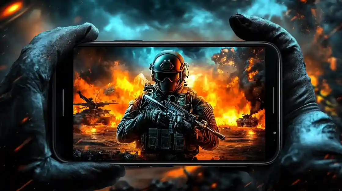 Hands holding a smartphone displaying an intense military shooter game with a soldier amidst explosions and tanks, showcasing the immersive action available on ck99.
