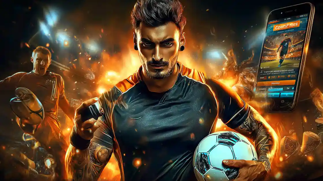 An intense male soccer player with tattoos holds a football, looking confidently at the camera with a ck99 sports betting app on a phone beside him, all set against a fiery action background.