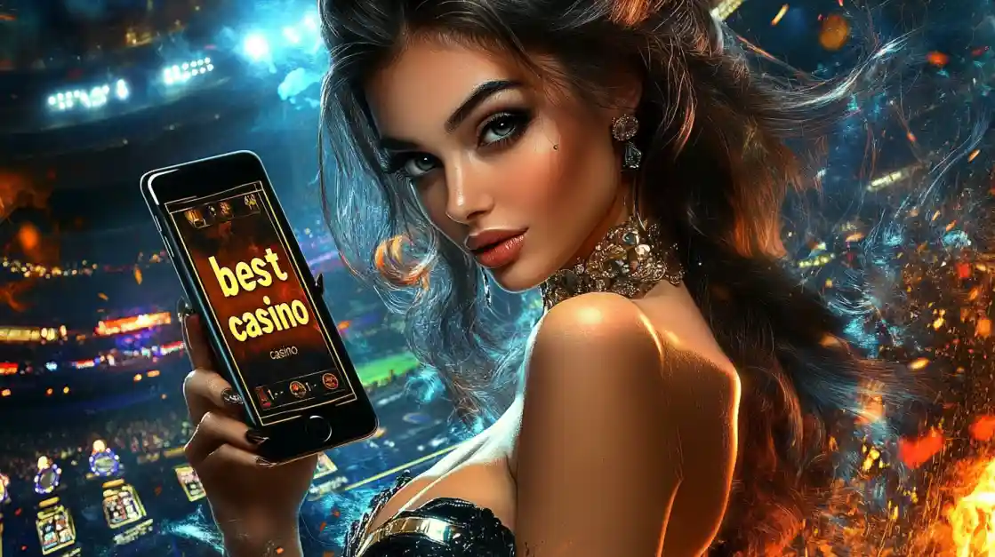 An alluring woman holds a smartphone with the best casino app from ck99 glowing on the screen, set against the backdrop of a brightly lit stadium and ambient flames.