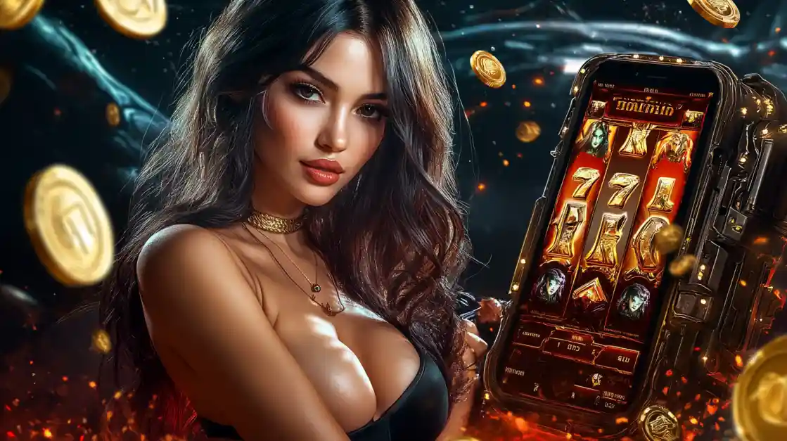 A beautiful woman in a black top looks confidently at the viewer while holding a smartphone displaying a ck99 mobile slot game with 777 symbols and golden coins.